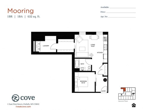 Floor plan for 1 bed, 1 bath, 632 sqft